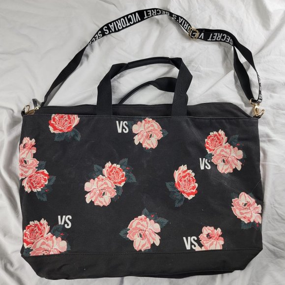 Victoria Secret Black Pink Floral Messenger Bag Duffel Travel Casual Storage - Picture 2 of 4